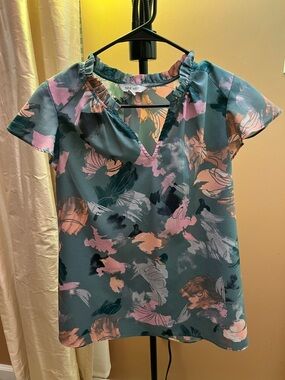 Nine West Multicolor Floral Print Blouse in Teal, Pink, Orange